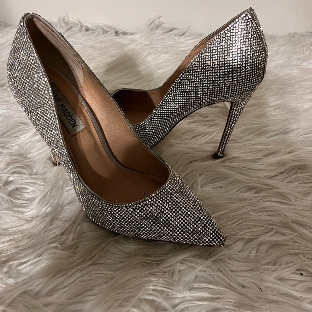 Silver shoes embedded with crystal/rhinestones
